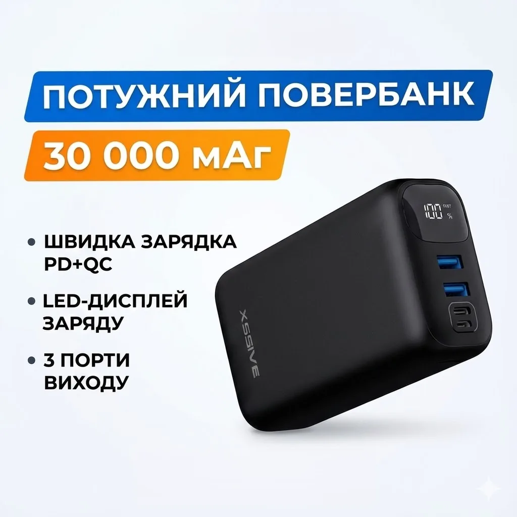 Повербанк XSSIVE 30000 мАч Fast Charge QC/PD с LED дисплеем XSS-PB23, черный