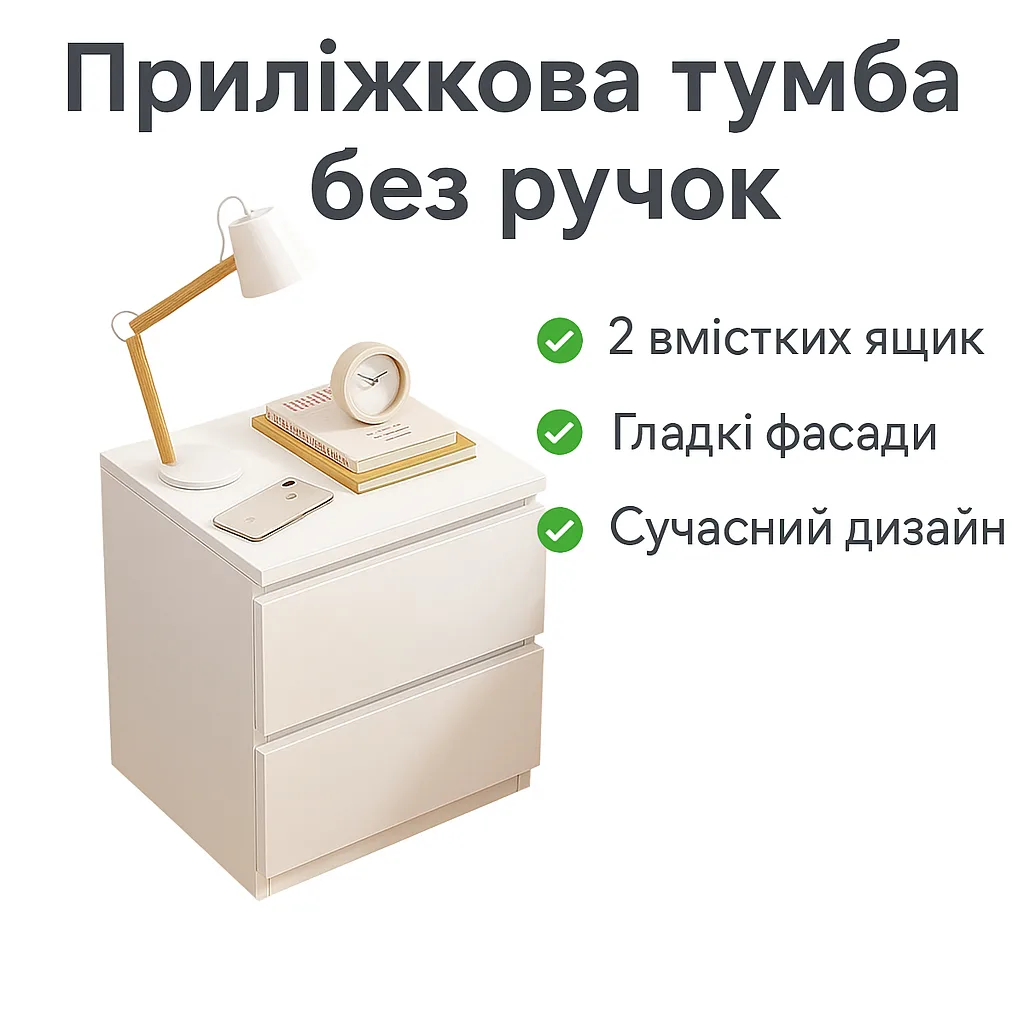 Тумба прикроватна STL-MD 78 без ручок, 2 ящики, біла, 30×32×41 см