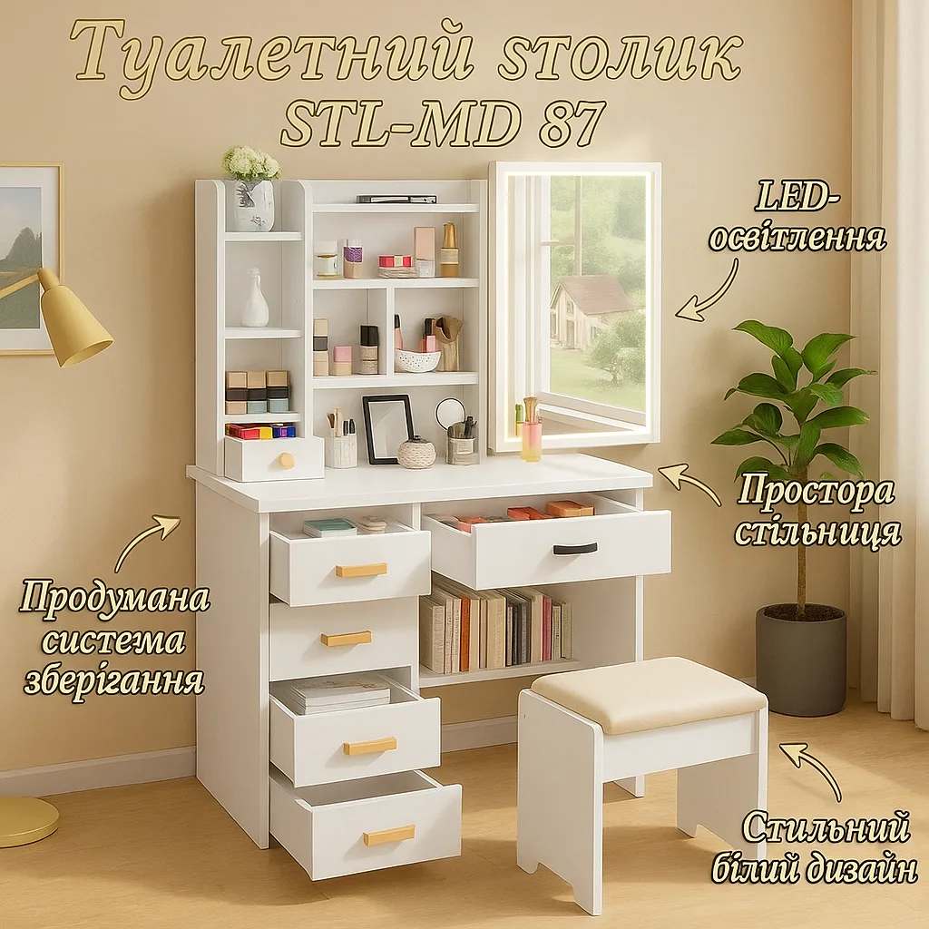 Туалетный столик STL-MD 87 с LED прямоугольным зеркалом и пуфиком 128х80х35 см, белый