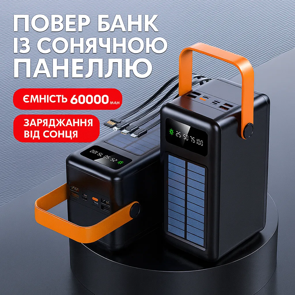 Power bank YM-636 CX с солнечной панелью и встроенными кабелями, 60000 mAh, чёрный