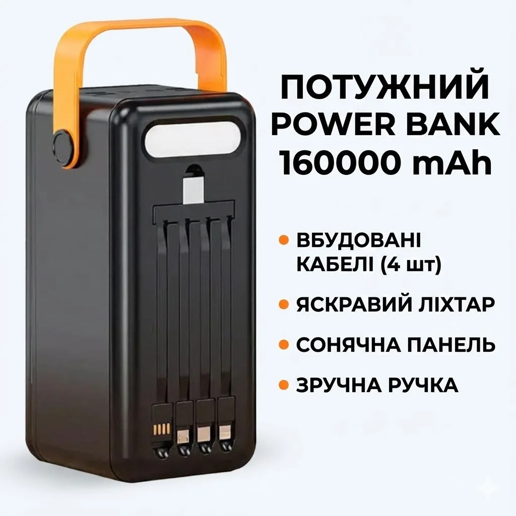 Повербанк на солнечной батарее JS-639CX 160000 мАч, 4 USB, с фонариком