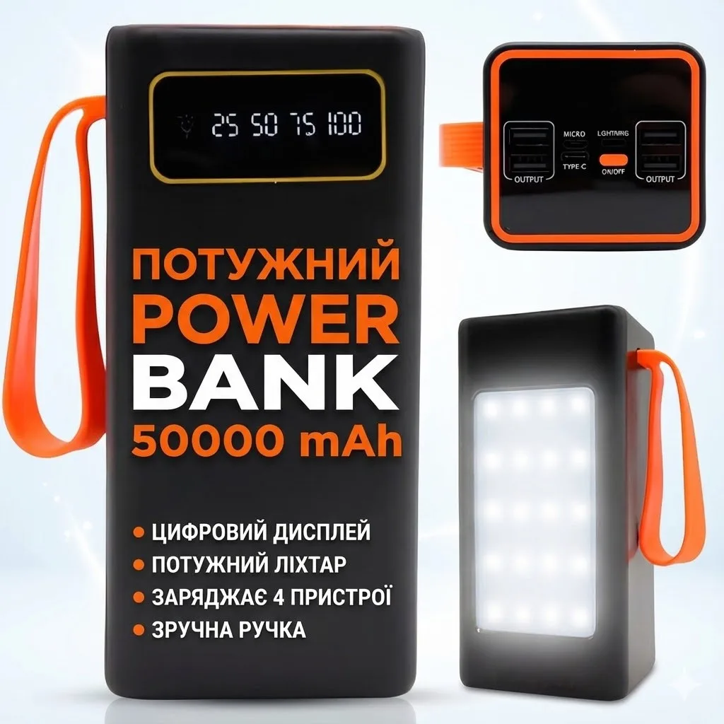 Павербанк JS-658 50000 мАг, 4×USB, Type-C + microUSB, з дисплеєм і фонариком, чорний