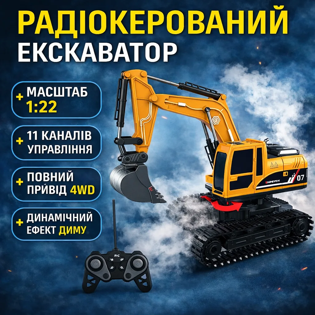 Экскаватор на радиоуправлении 1:22, 11 каналов, металлический ковш, дымогенератор (пар), свет/звук