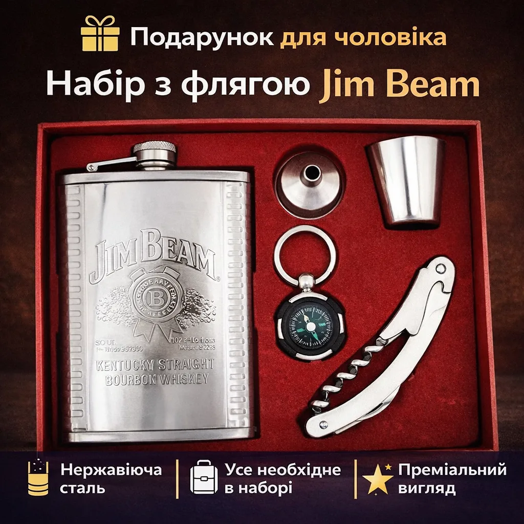 Набір подарунковий Jim Beam: фляга 255 мл, компас, мультиінструмент, чарка