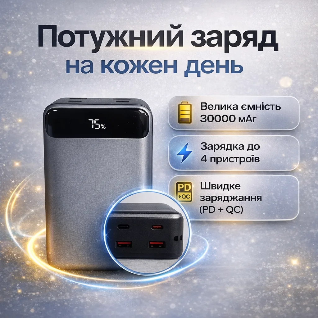 Внешний аккумулятор King Power KPG-316, 30000 мАч, 22.5 Вт, с дисплеем, черный