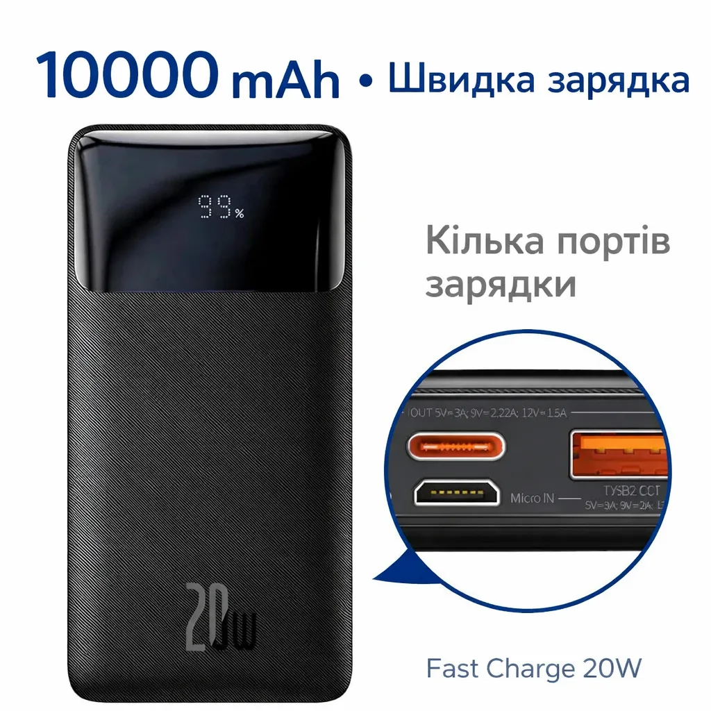 Портативная батарея Baseus Bipow Digital Display Power Bank 10000mAh 20W, быстрая зарядка
