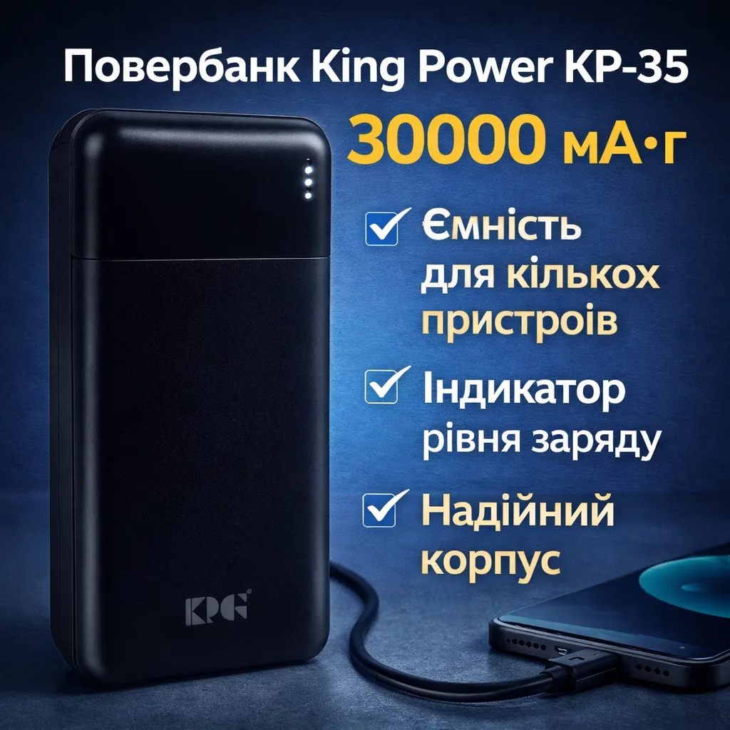 Повербанк King Power KP-35, 30000 мА·ч, с индикатором заряда