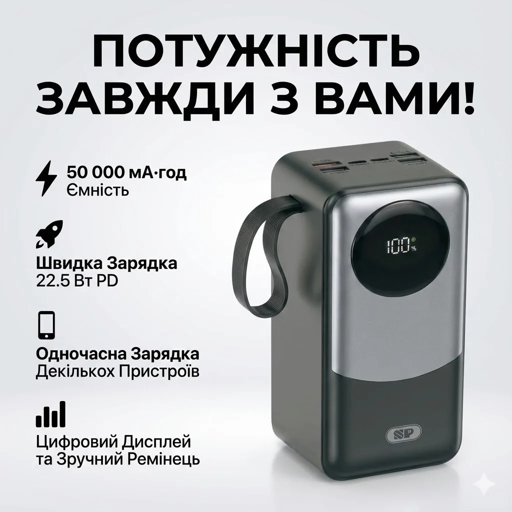 Power Bank KPG-502 50000 мА·ч, 22,5 Вт PD, 4 USB-порта, цифровой дисплей