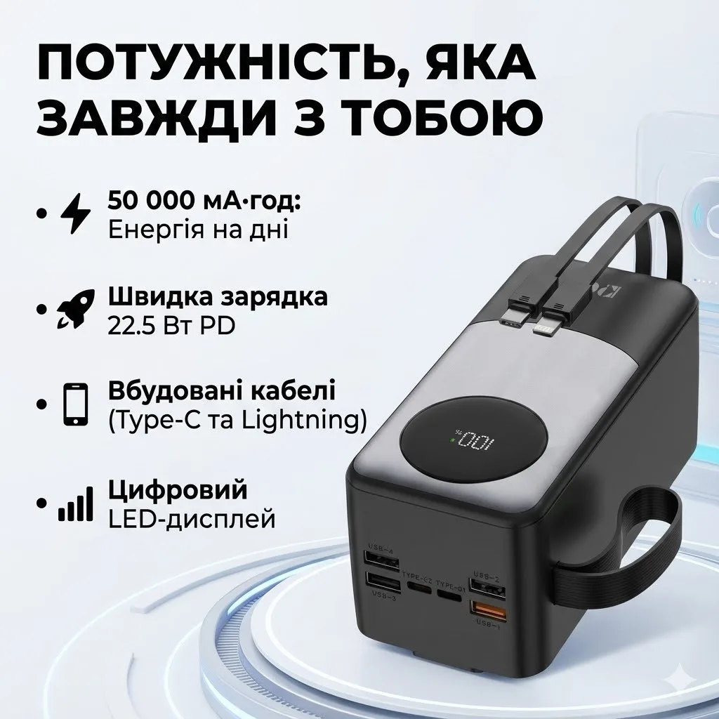 Внешний аккумулятор (Power Bank) KPG KPG-502X, 50000 мАч, 22.5 Вт, LCD дисплей