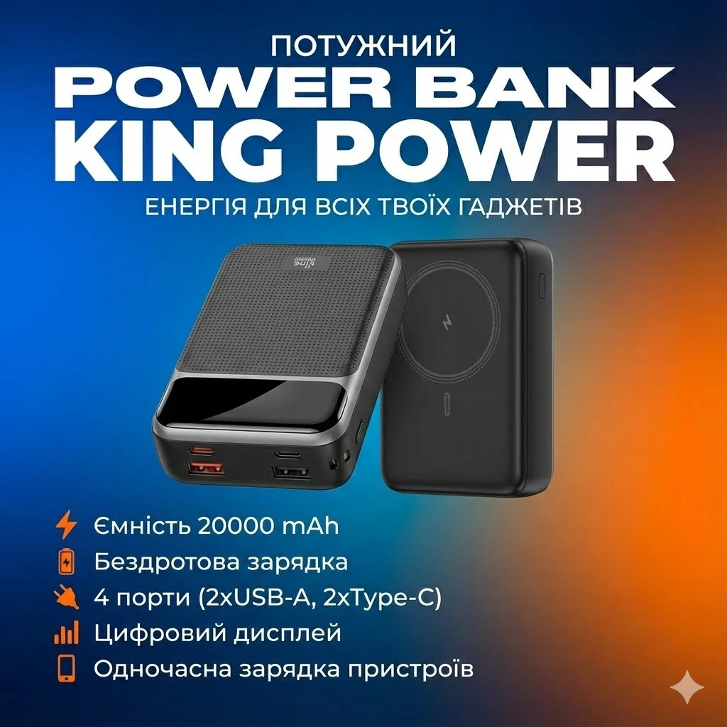 Повербанк KingPower WPG-207 магнитный (MagSafe), 20000 мАч, быстрая зарядка 22,5 Вт, беспроводная 15 Вт, чёрный
