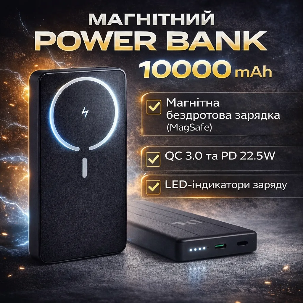 Павербанк King Power WPG-104 Magnetic 10000 мАч, беспроводная зарядка MagSafe, QC 3.0 / PD 22.5W