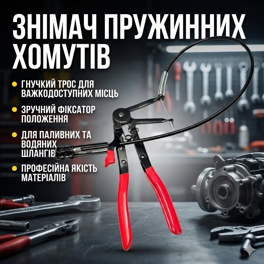 Съёмник для пружинных хомутов патрубков, гибкий трос, фиксатор