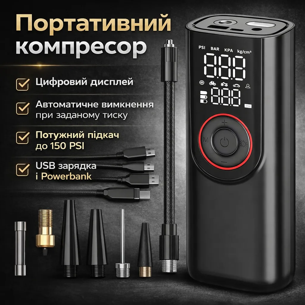 Портативний компресор з цифровим дисплеєм 12В, мінікомпресор для шин авто/мото/велосипеда