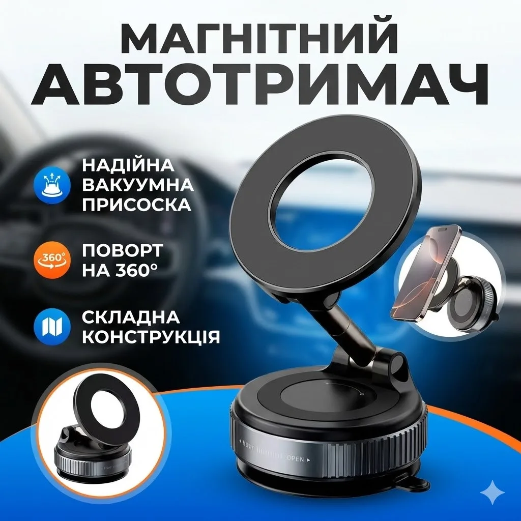 Вакуумний магнітний тримач для телефона в авто MagSafe, потужна присоска, поворот 360°, 20N, 5 кг