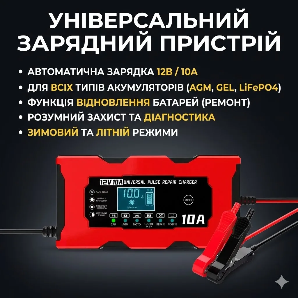 Зарядное устройство для автомобильного аккумулятора RIAS XJB1210-2, 12V 10A, с дисплеем, для свинцовых аккумуляторов