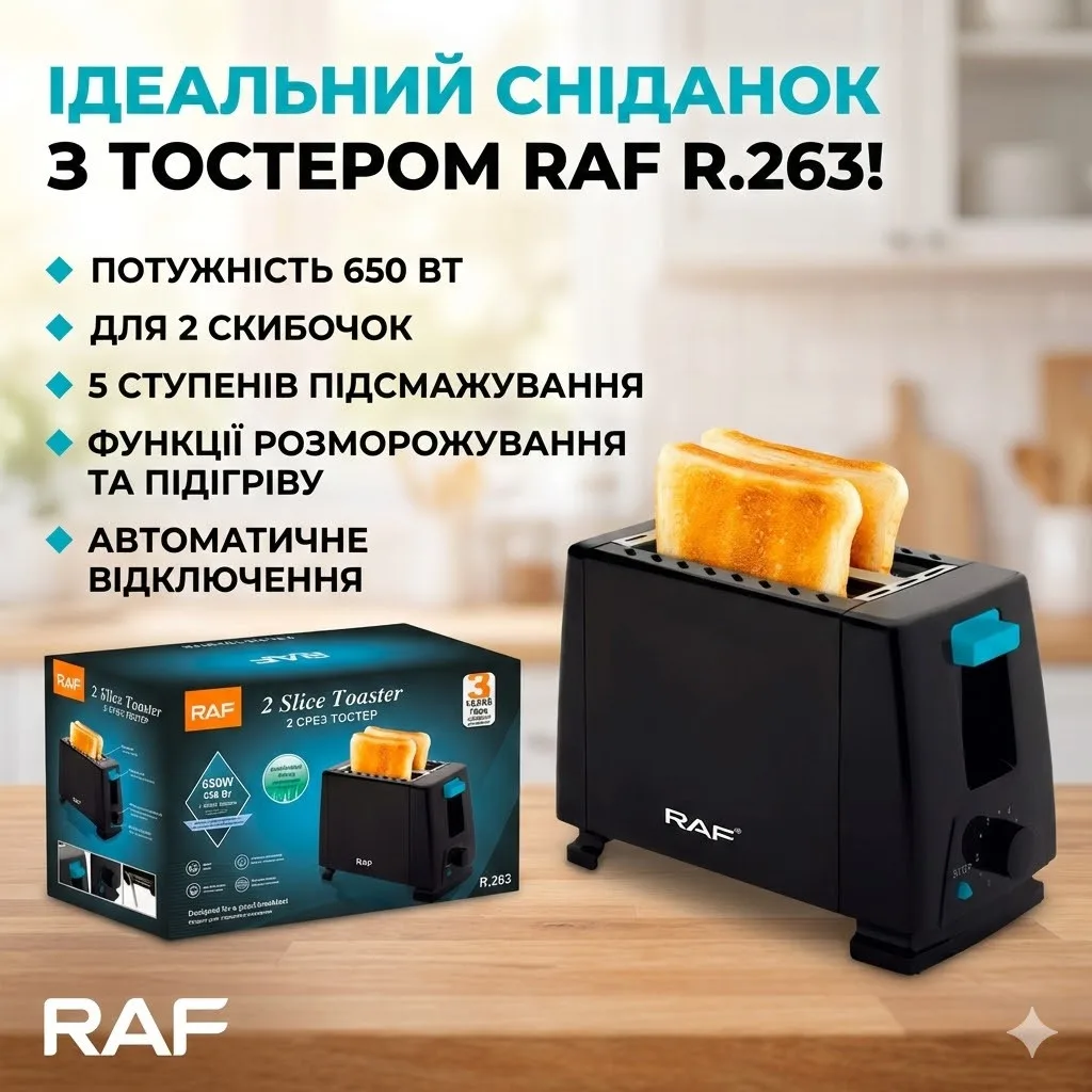 Тостер электрический RAF R.263, 650 Вт, на 2 ломтика, разморозка, подогрев, регулировка поджаривания