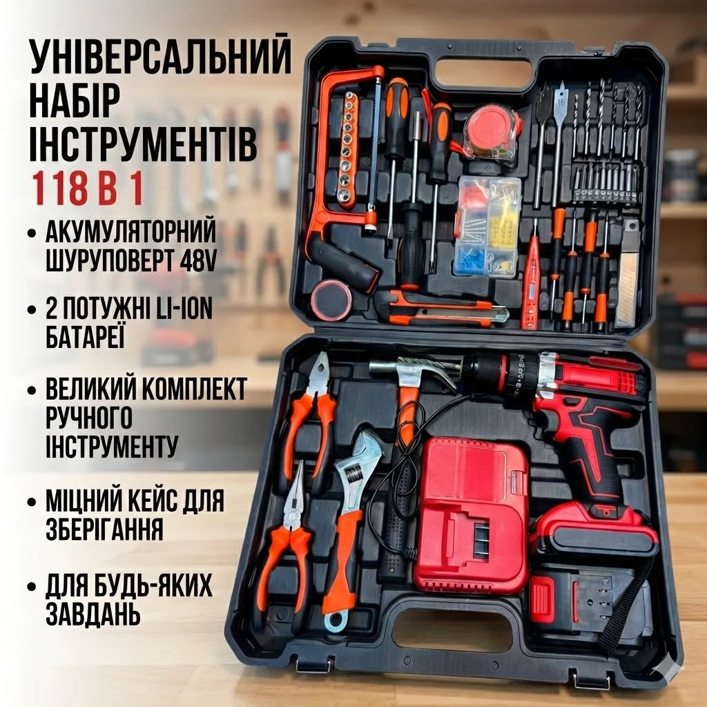 Аккумуляторный шуруповерт с набором инструментов в кейсе, 48V, 118 предметов