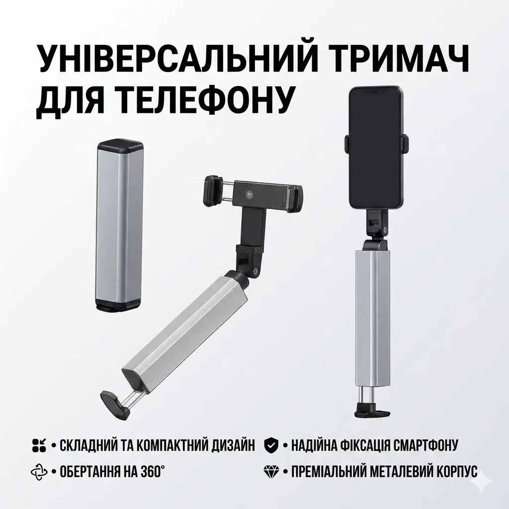 Держатель для телефона складной универсальный S621, с зажимом, вращение 360°, металл