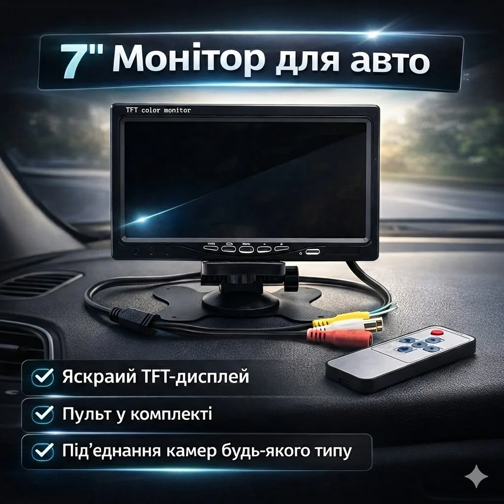 Автомобильный ЖК-монитор 7" для камер заднего вида, 2 видеовхода RCA, пульт ДУ