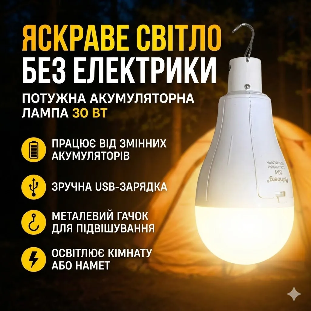 Акумуляторна LED лампа для кемпінгу Rainberg P921, 30W, 1500 Lm, 2x18650, USB зарядка