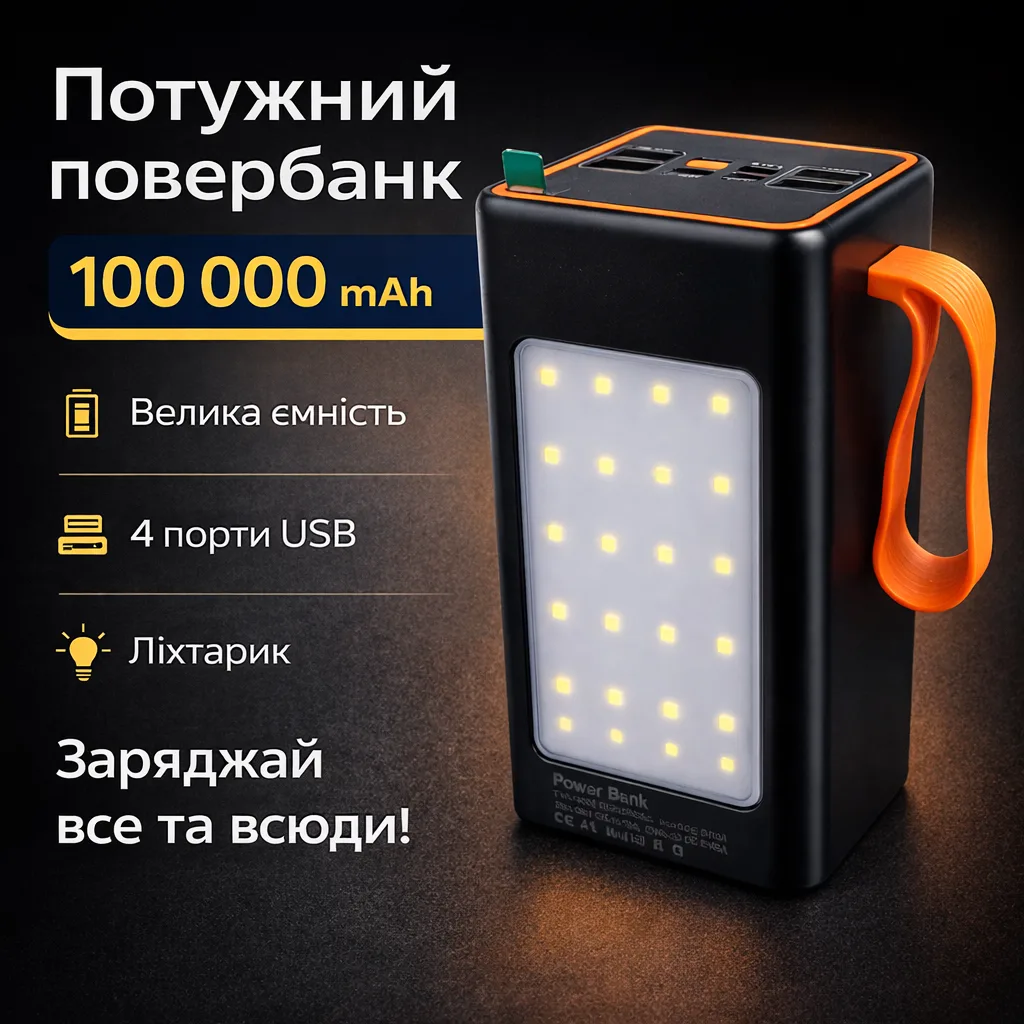 Повербанк MAXI 100 000 мАч с дисплеем, 4×USB, Type-C, MicroUSB, фонарик