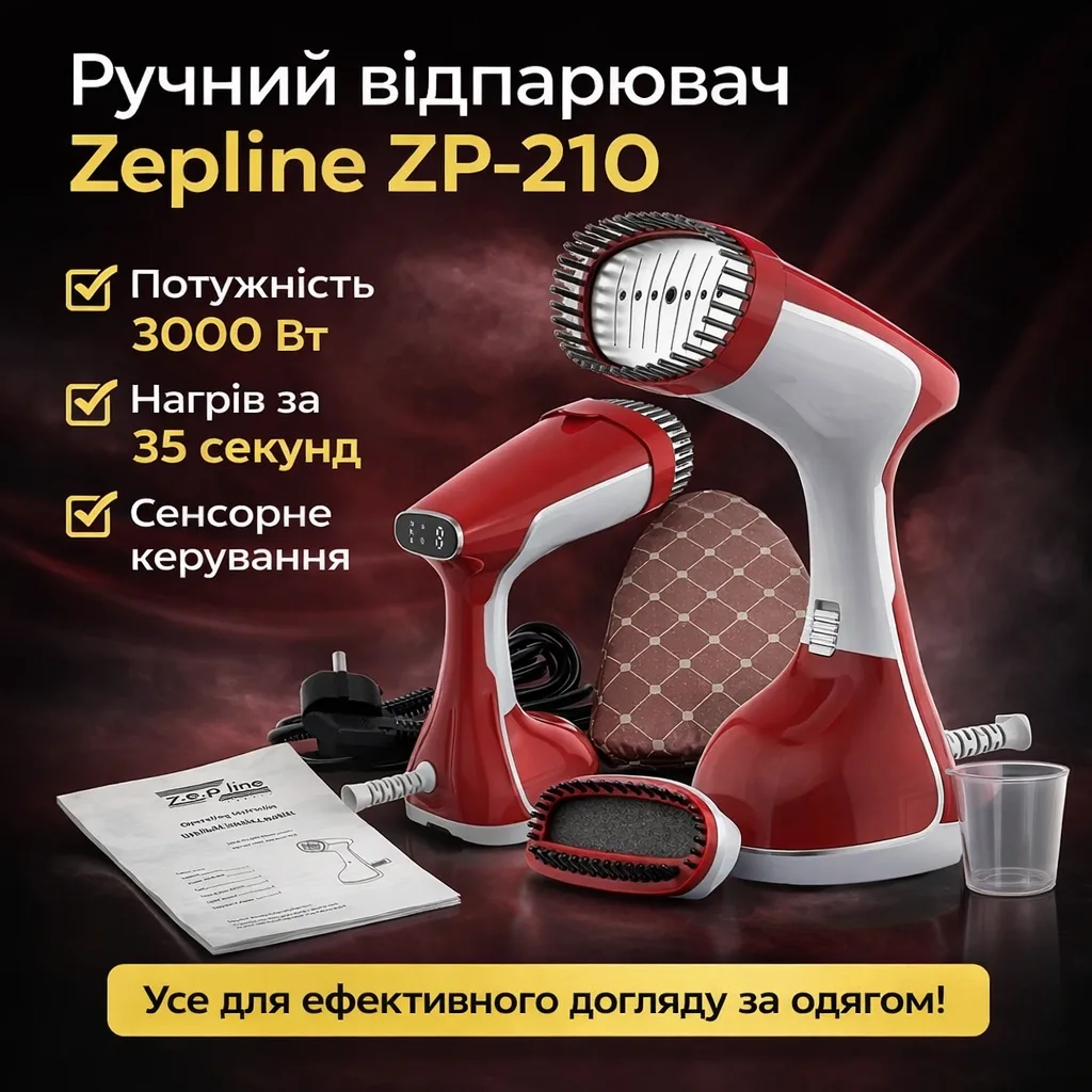 Ручний вертикальний відпарювач Zepline ZP-210, червоний, 3000 Вт, сенсорне керування, резервуар 400 мл, захист від крапель
