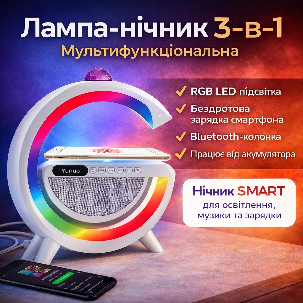 Лампа-нічник YN-2366, бездротова зарядка, Bluetooth-колонка, RGB LED 15Вт, дискокуля
