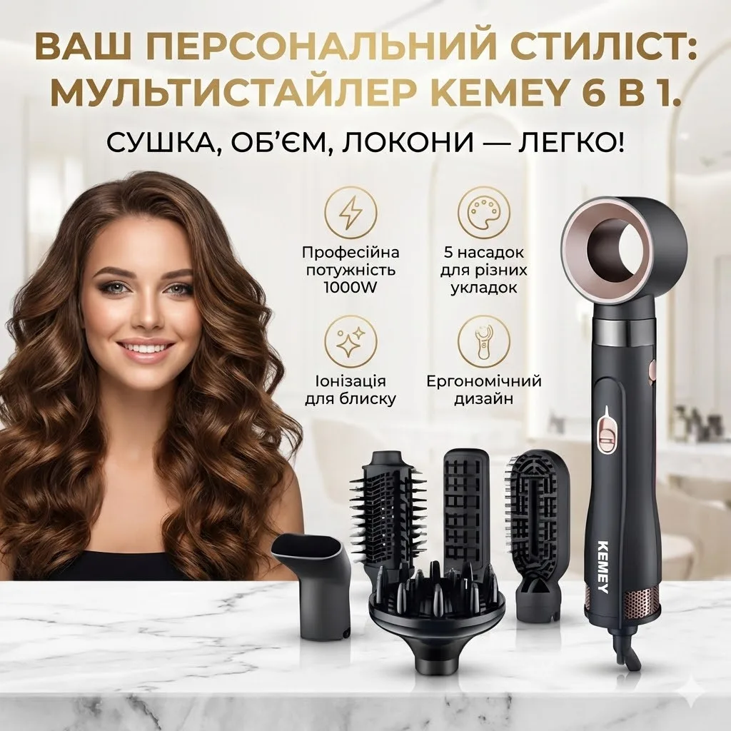 Фен-стайлер для волос KEMEY KM-9205, 1000W, 6 насадок, брашинг и выпрямление