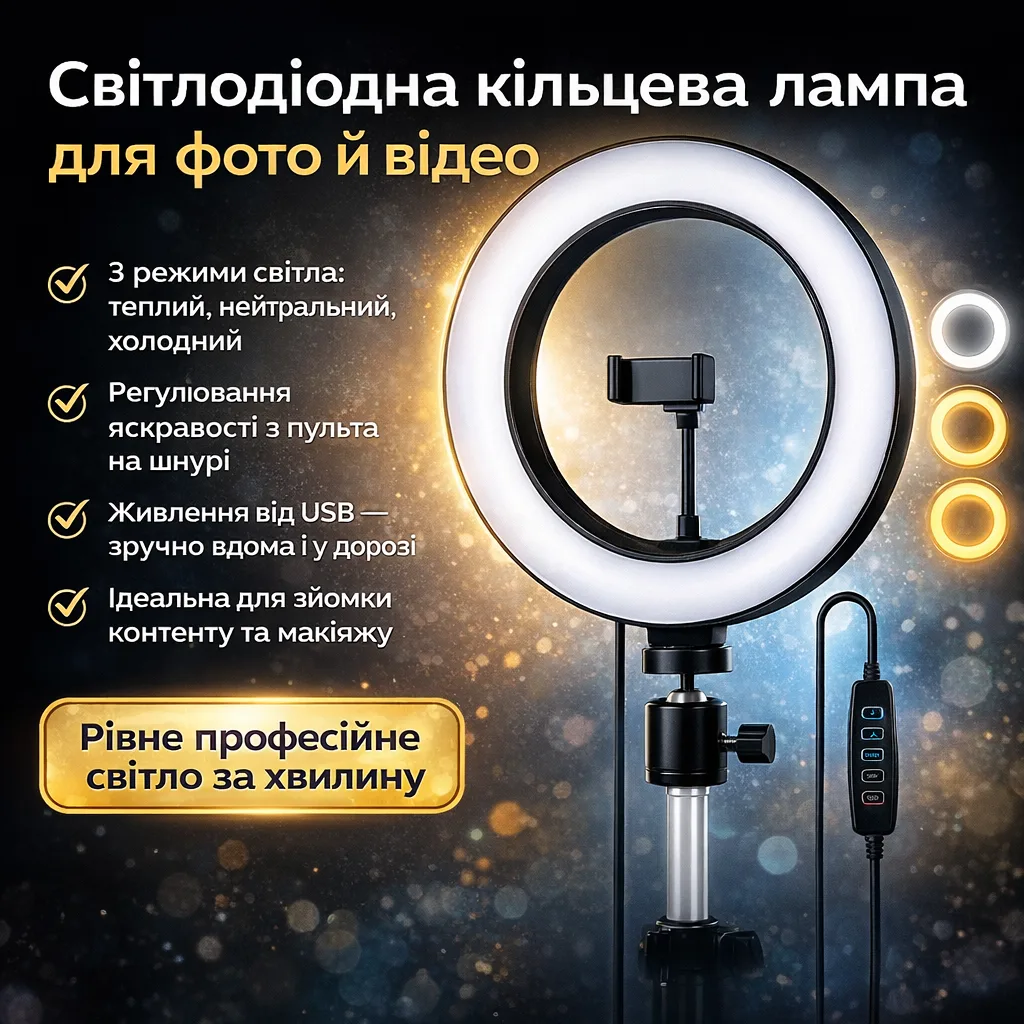 Кільцева LED-лампа QX-260, 30 см, з тримачем для телефону, USB, регульованою яскравістю та колірною температурою
