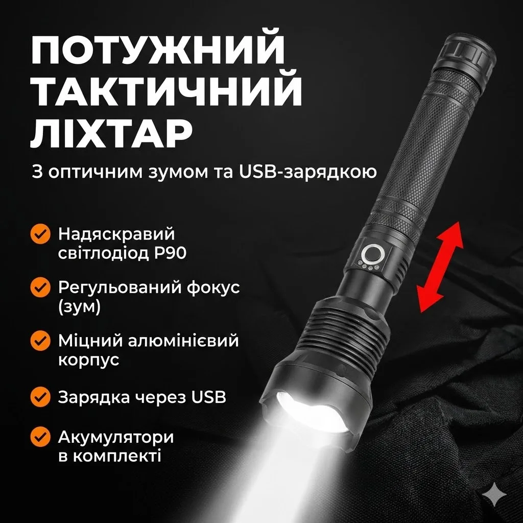 Tactical rechargeable flashlight BL X92 P90, zoom, USB charging