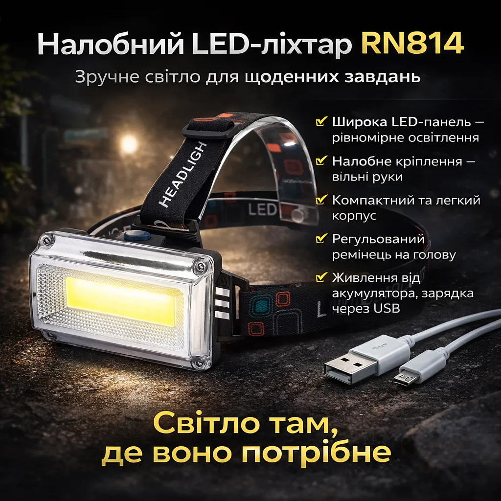 Headlamp RN814, rechargeable, USB charging, adjustable angle