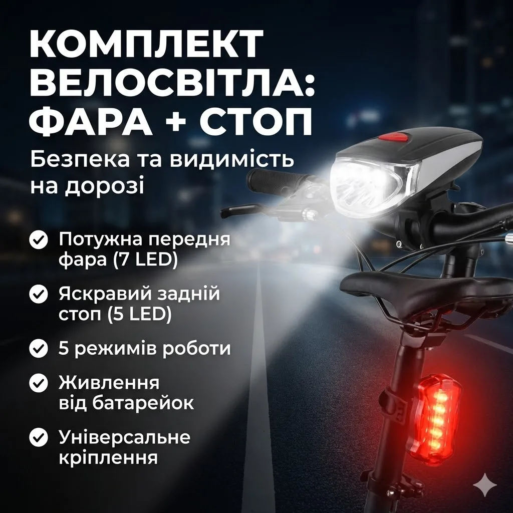 Велофара передня + задній стоп-сигнал KK-760, комплект велосвітла (7+5 LED, 5 режимів)