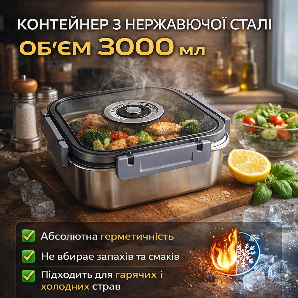 Контейнер пищевой из нержавеющей стали, герметичная крышка, 3000 мл, 20687-15A, серый