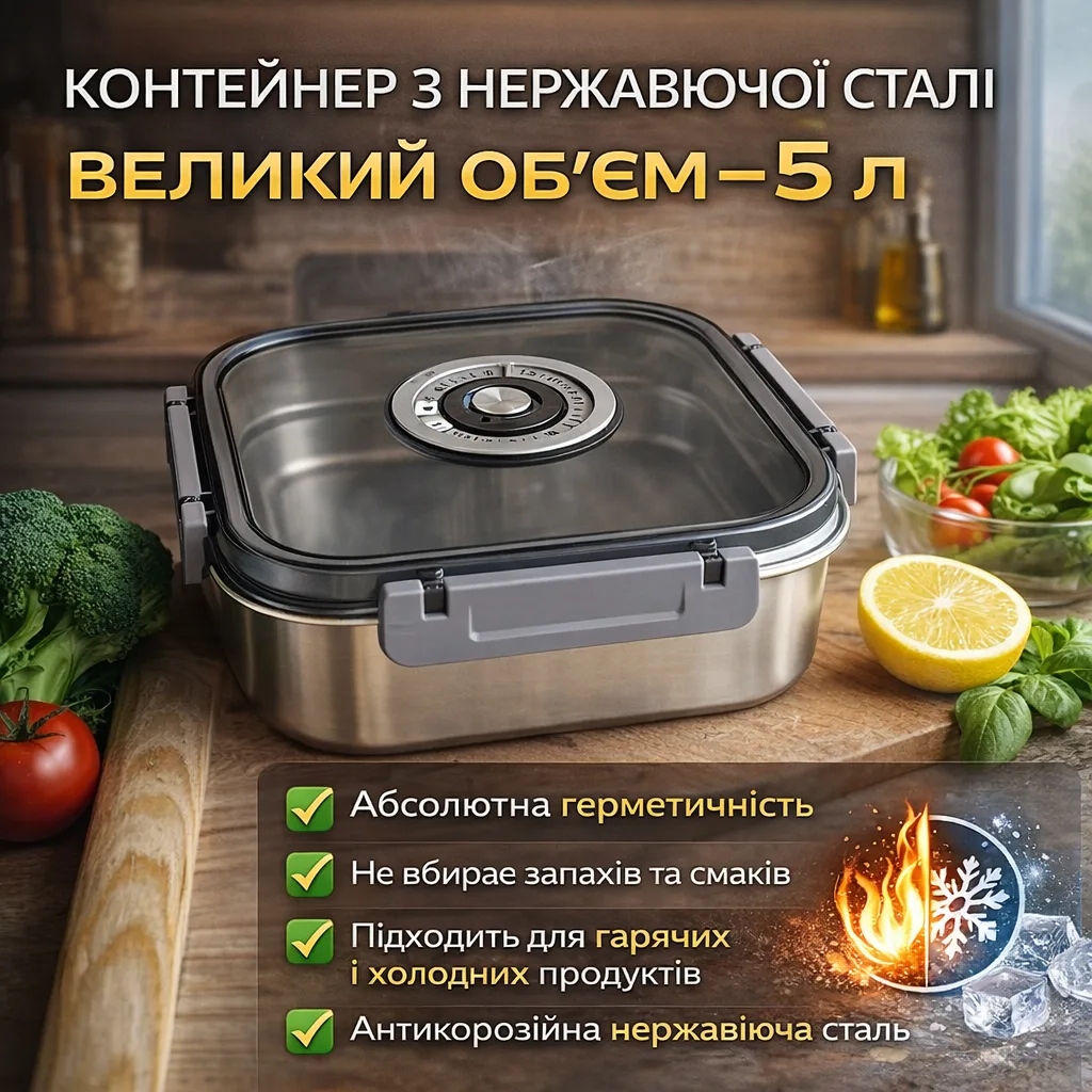 Контейнер для зберігання їжі з нержавіючої сталі 5000 мл, 20687-16, з кришкою