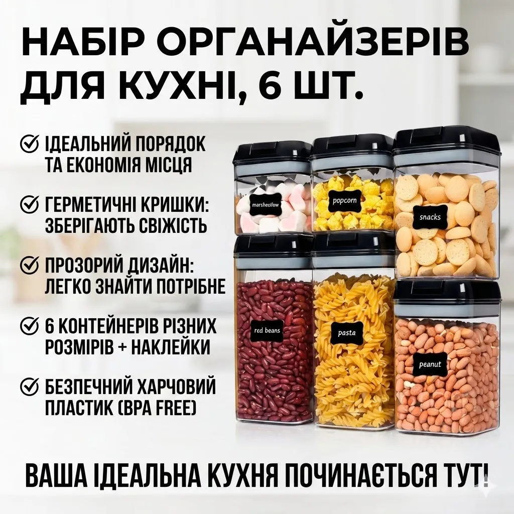 Набор контейнеров для сыпучих продуктов Food Storage Container, 6 шт., герметичные, пластиковые с крышками