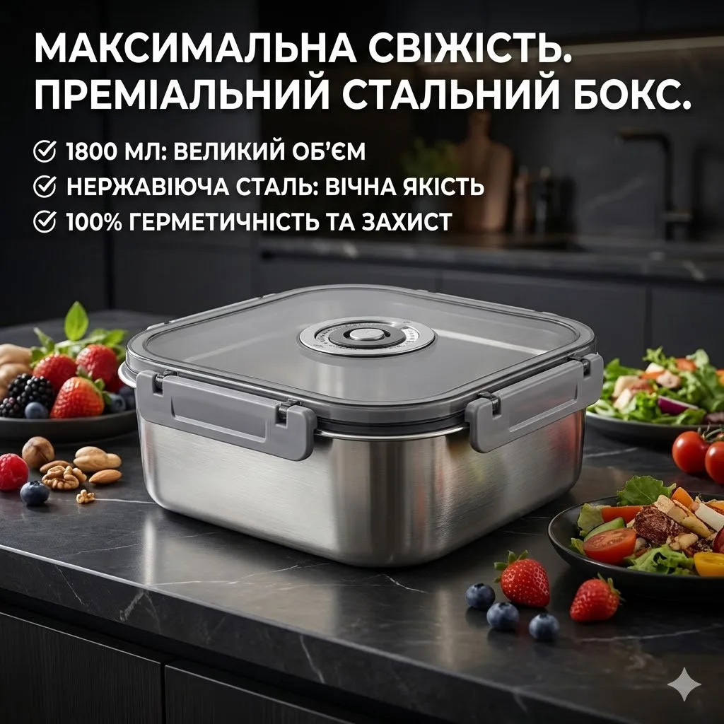 Контейнер пищевой из нержавеющей стали с герметичной крышкой 1800 мл 20687-14, серый, квадратный