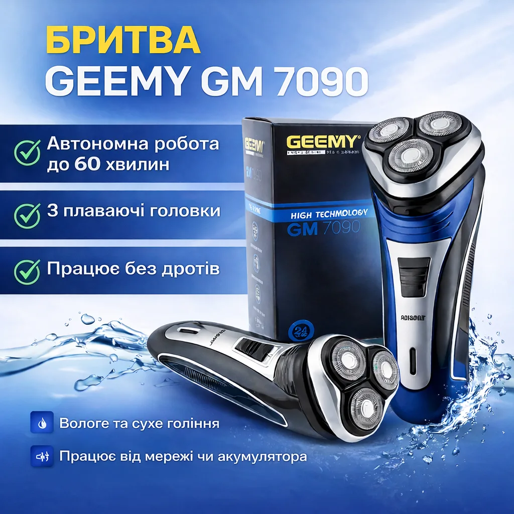 Электробритва GEEMY GM-7090 3 в 1 с триммером для усов, беспроводная