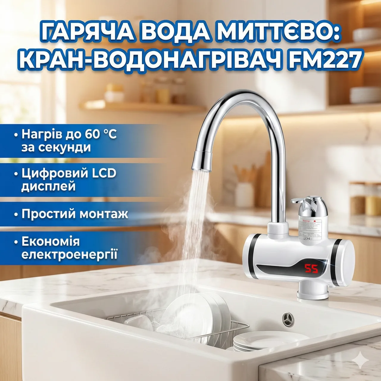 Проточный водонагреватель FM227, LCD дисплей, боковое подключение