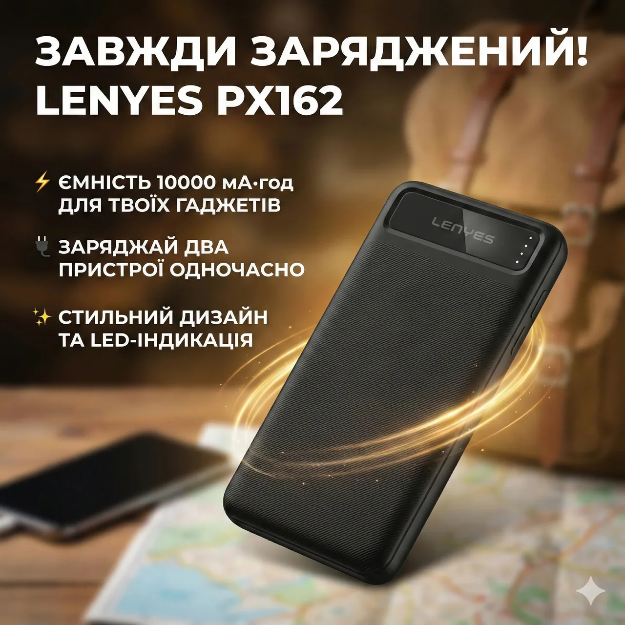 Повербанк Lenyes PX162 10000 мАг, 2 входи, чорний