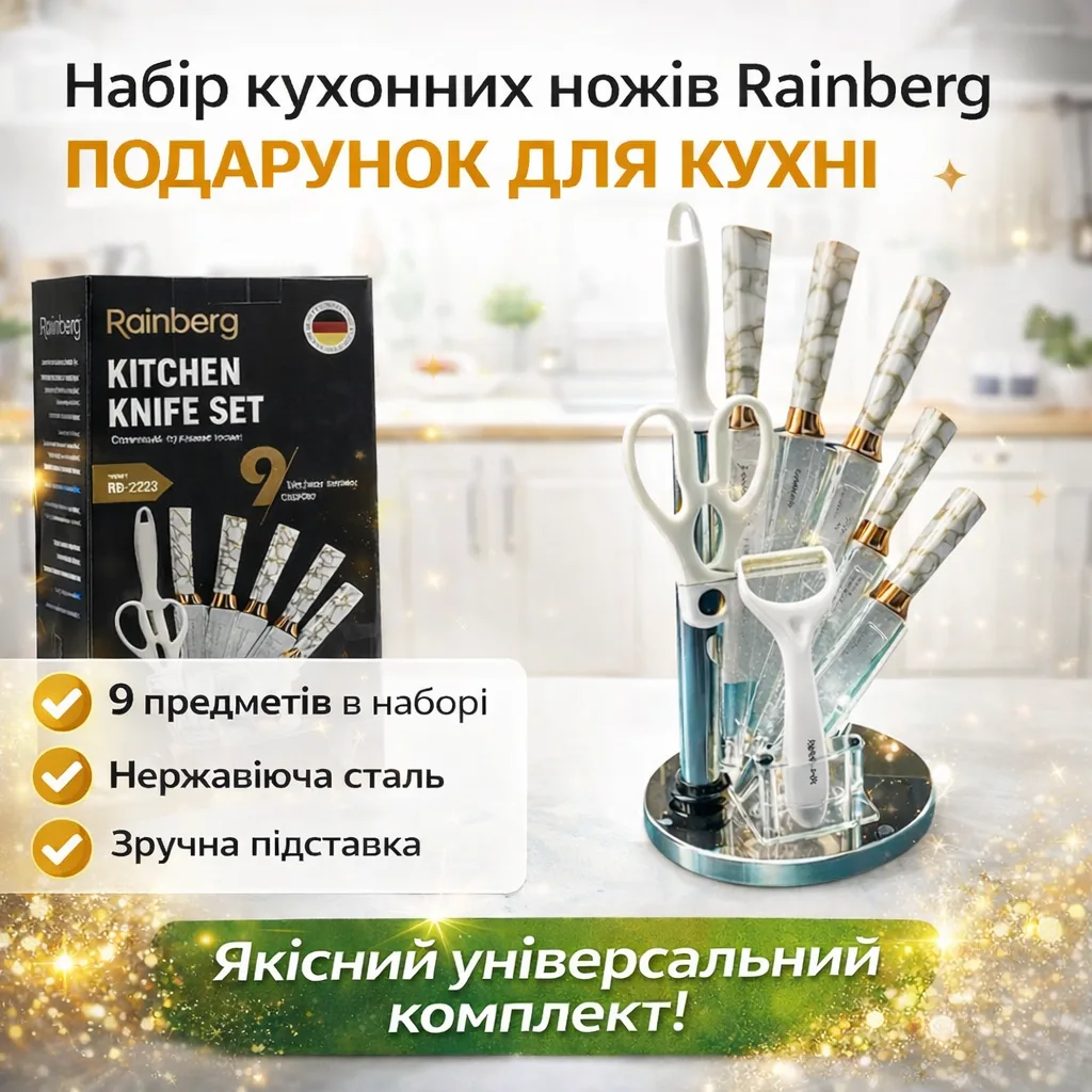 Набор кухонных ножей Rainberg RB-2323, белый, нержавеющая сталь, с подставкой, 9 предметов