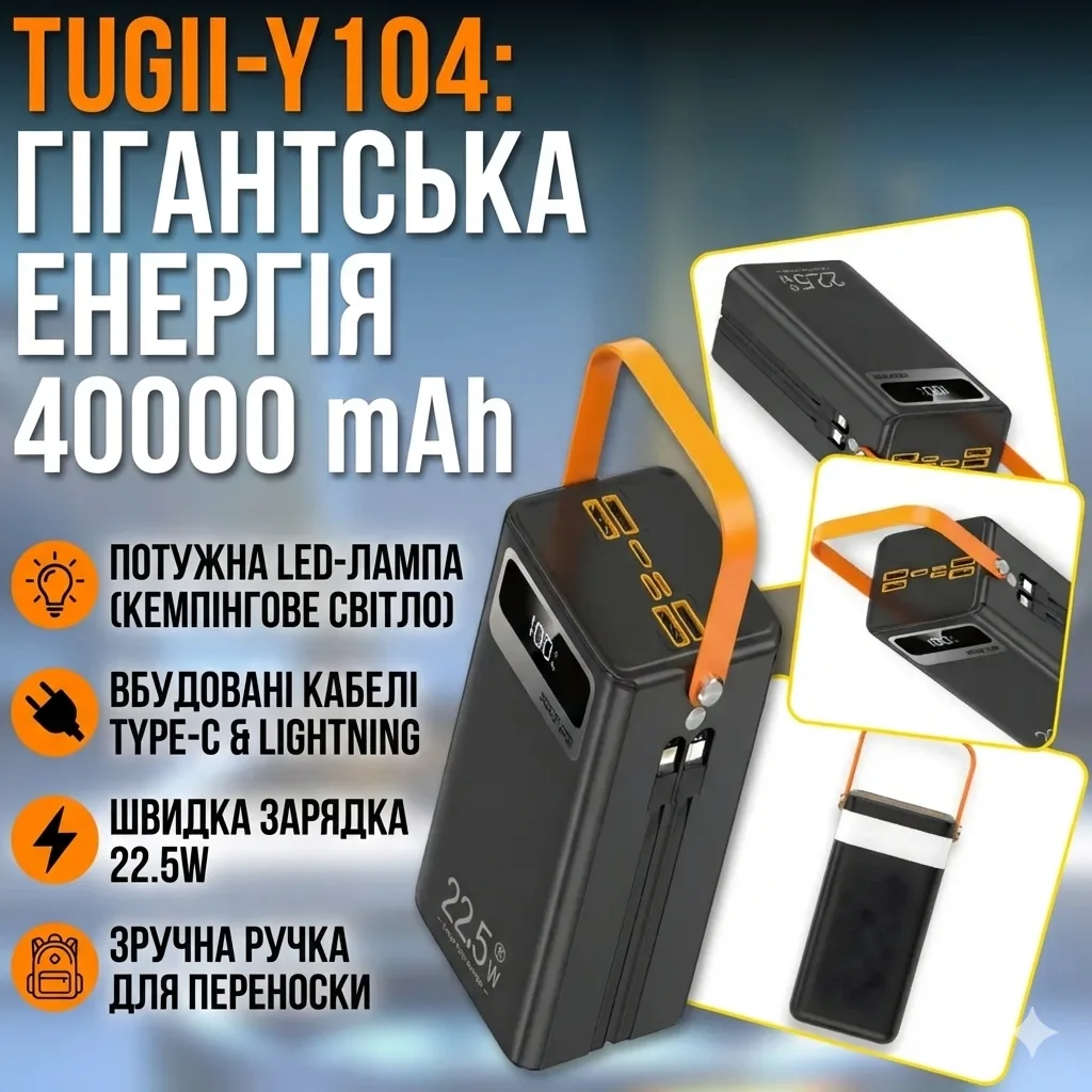 Повербанк TUGII-Y104, 40000 мАч, 22.5 Вт, с LED-лампой и встроенными кабелями, чёрный