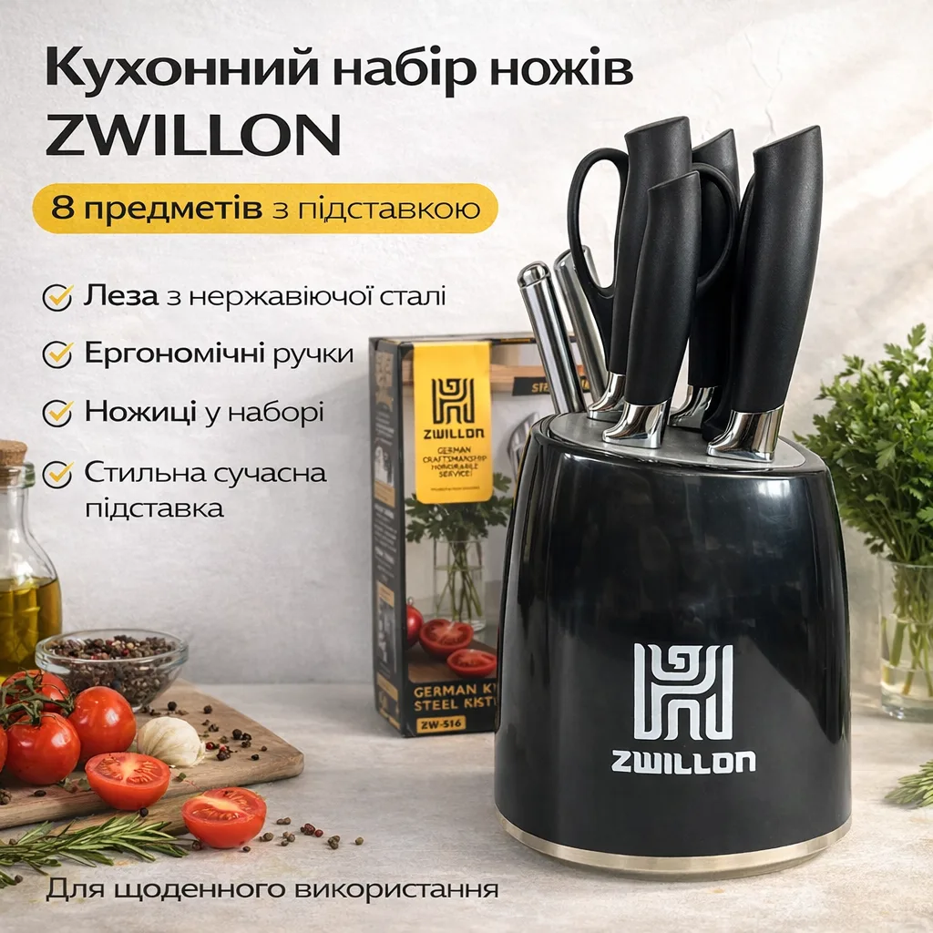 Кухонный набор ножей ZWILLON ZW-546, нержавеющая сталь, 8 предметов, с подставкой, черный