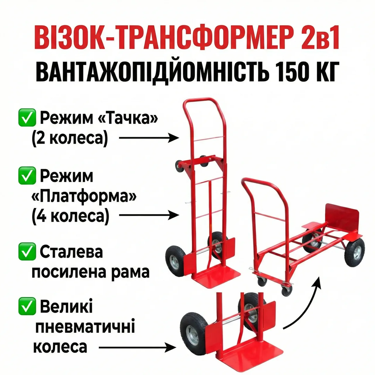 Тележка складская грузовая 2-в-1: ручная + платформенная, двухколёсная, до 150 кг