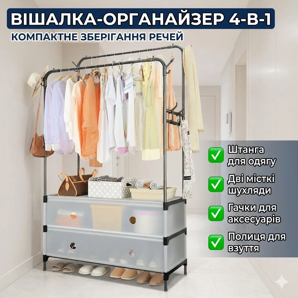 Вешалка напольная для одежды с 2 ящиками (63х28х128 см), металлическая стойка-гардероб с боковыми крючками, чёрная