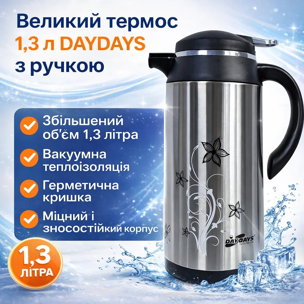 Термос вакуумный большой DAYDAYS 1,3 л, с ручкой