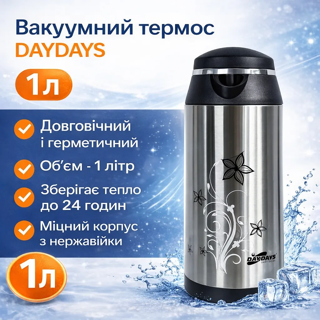 Термос вакуумний DAYDAYS 1,0 л з ручкою, для гарячих і холодних напоїв
