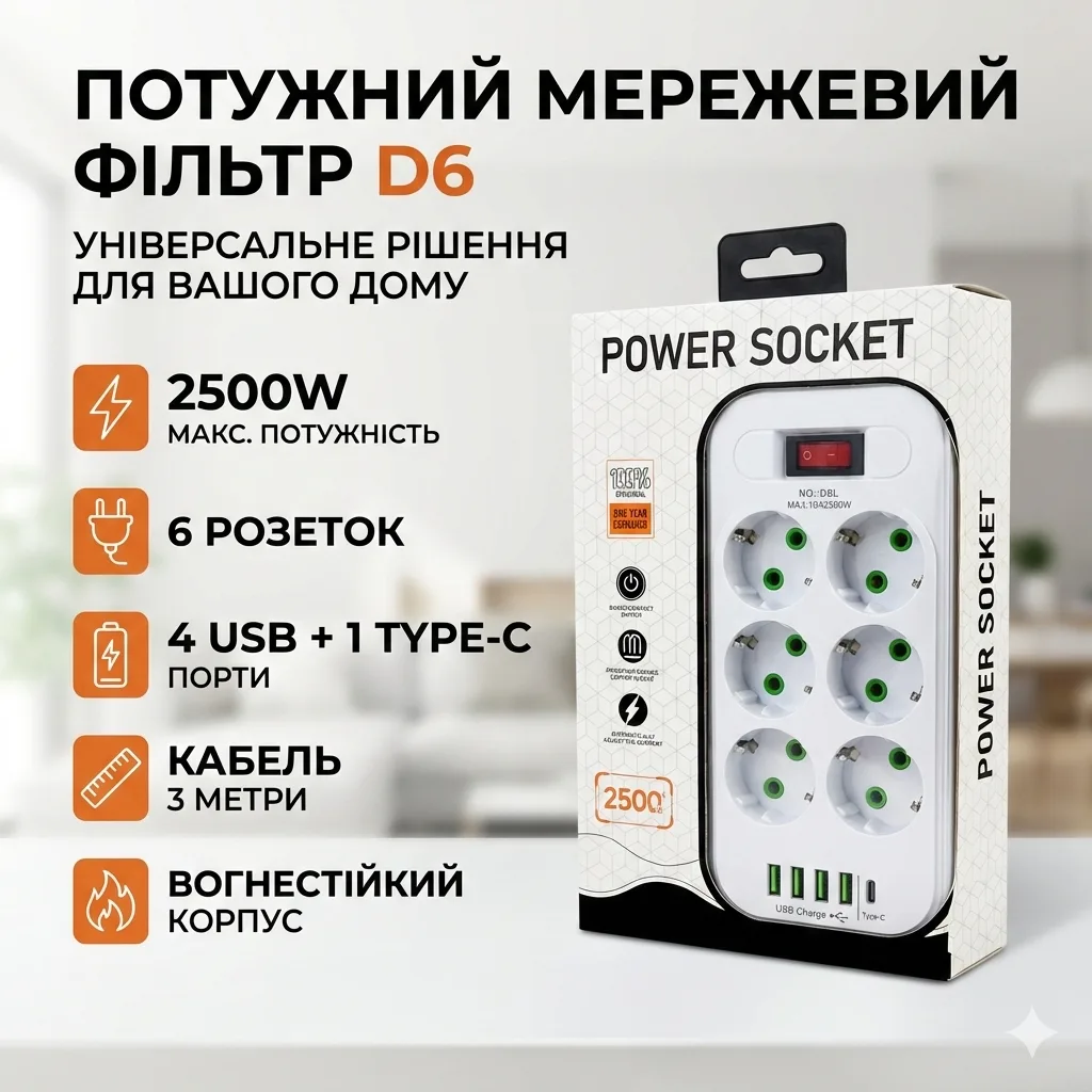 Мережевий подовжувач Power Socket D6 на 6 розеток, з вимикачем, LED-індикатором, 4 USB та Type-C (PD), кабель 3 м, 2500 Вт
