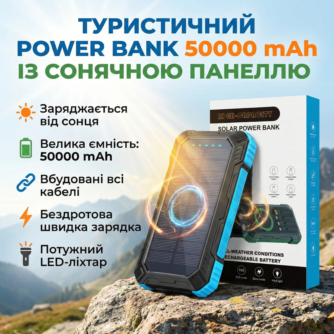 Power Bank туристический 50000 мАч, солнечная батарея, беспроводная зарядка, 4 встроенных кабеля, Fast Charge 22.5W