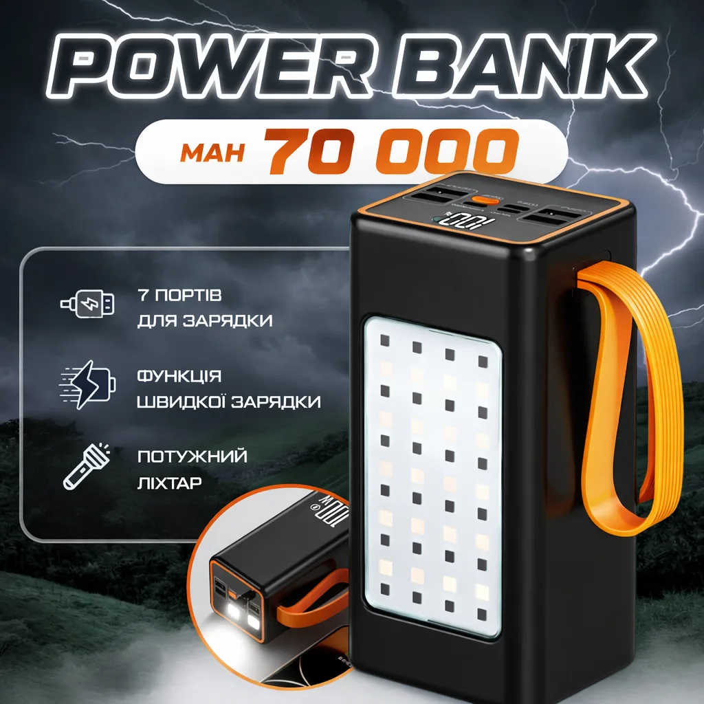 Павербанк XP-51 70000 mAh, швидка зарядка 20W, кемпінгова LED-лампа, цифровий дисплей