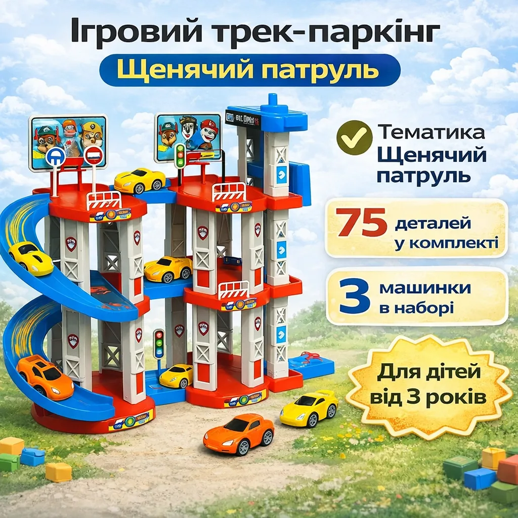 Трек-паркінг Children's Rail Car MH2004 «Щенячий патруль», 75 деталей, 3 машинки, багаторівневий